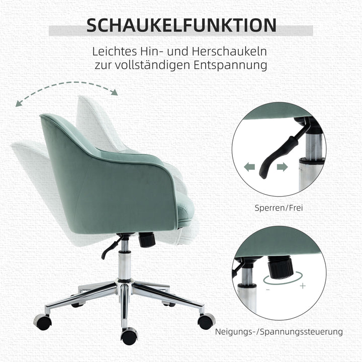 Kontorstol med knaplukning, højdejusterbar, gyngefunktion, fløjlslook, 61 cm x 59 cm x 90,5 cm, turkis