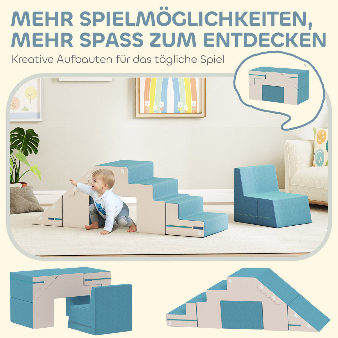 2-delt blødt legesæt til småbørn, kunstlæder, skum, til klatring, bygning, leg, beige+blå