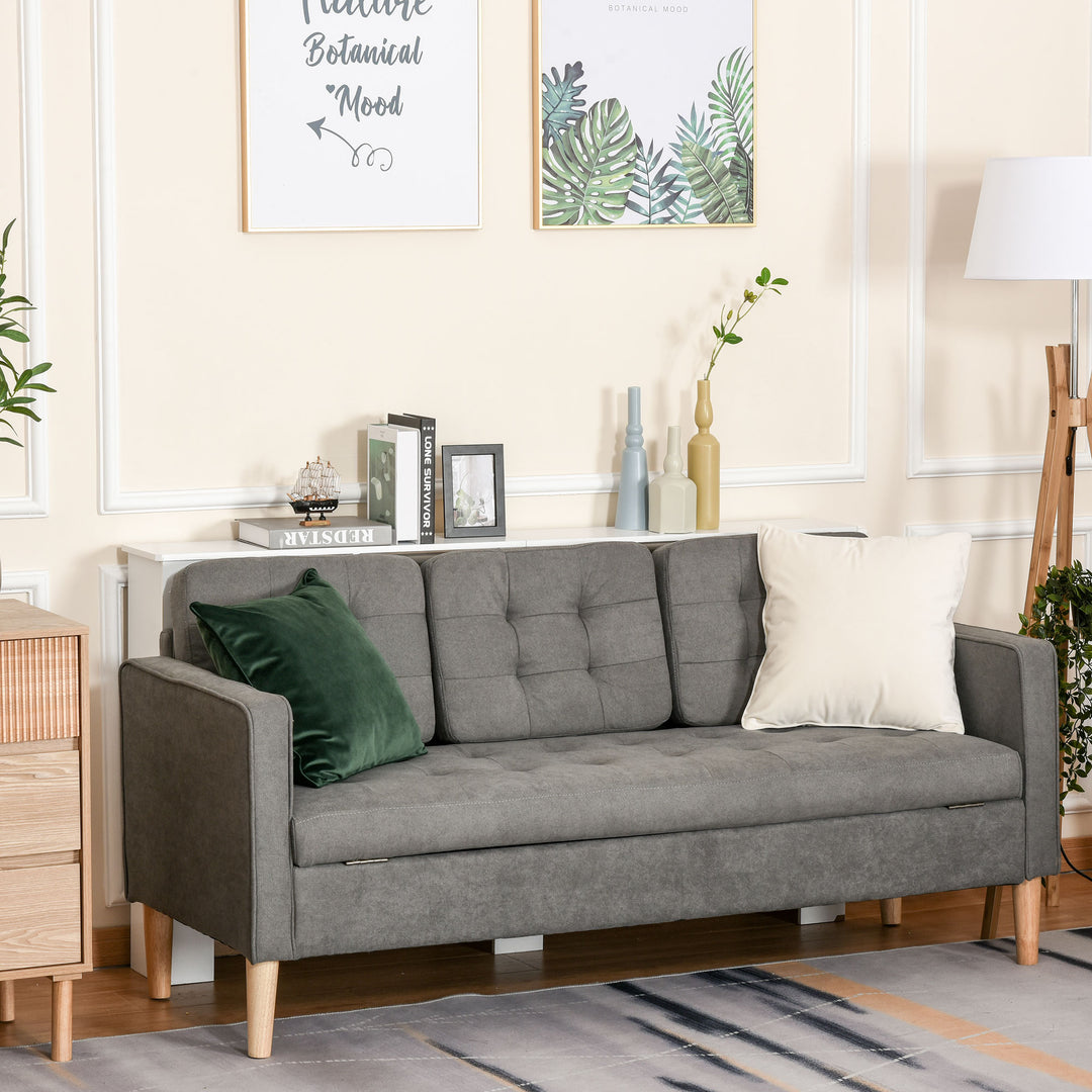 3-Personers sofa, sofa med opbevaringsplads, træben, polstret sofa med fløjlslook til stue, soveværelse, 166,5 x 62 x 82 cm, grå
