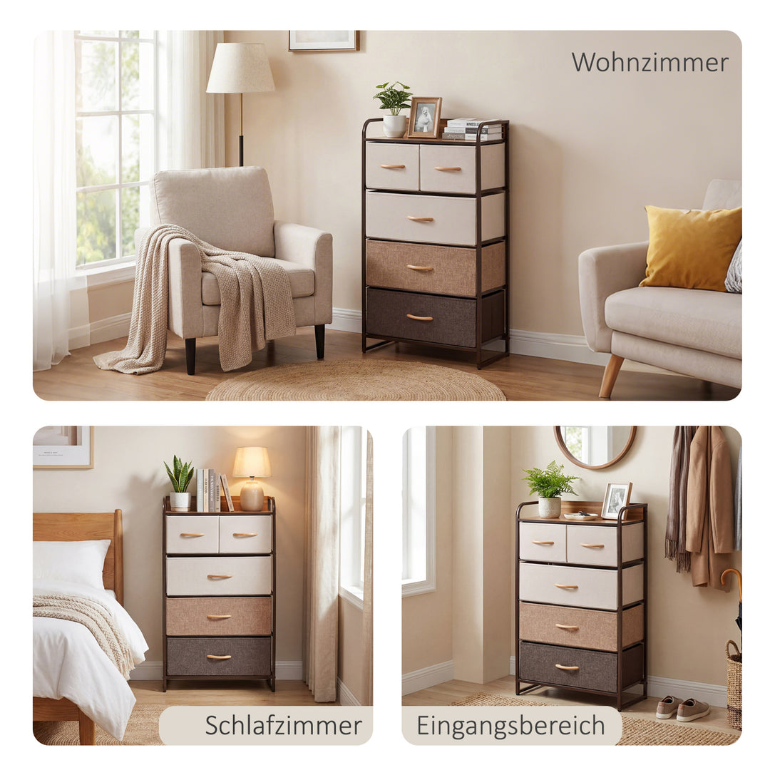 Kommode med 5 sammenklappelige stofskuffer, hylde, robust stålramme, 58 x 29 x 99 cm