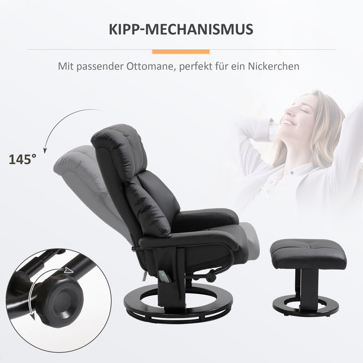Lænestol med fodskammel, massagestol med lænefunktion, elektrisk lænestol med fjernbetjening, tv-stol med sidelomme, kunstlæder, sort