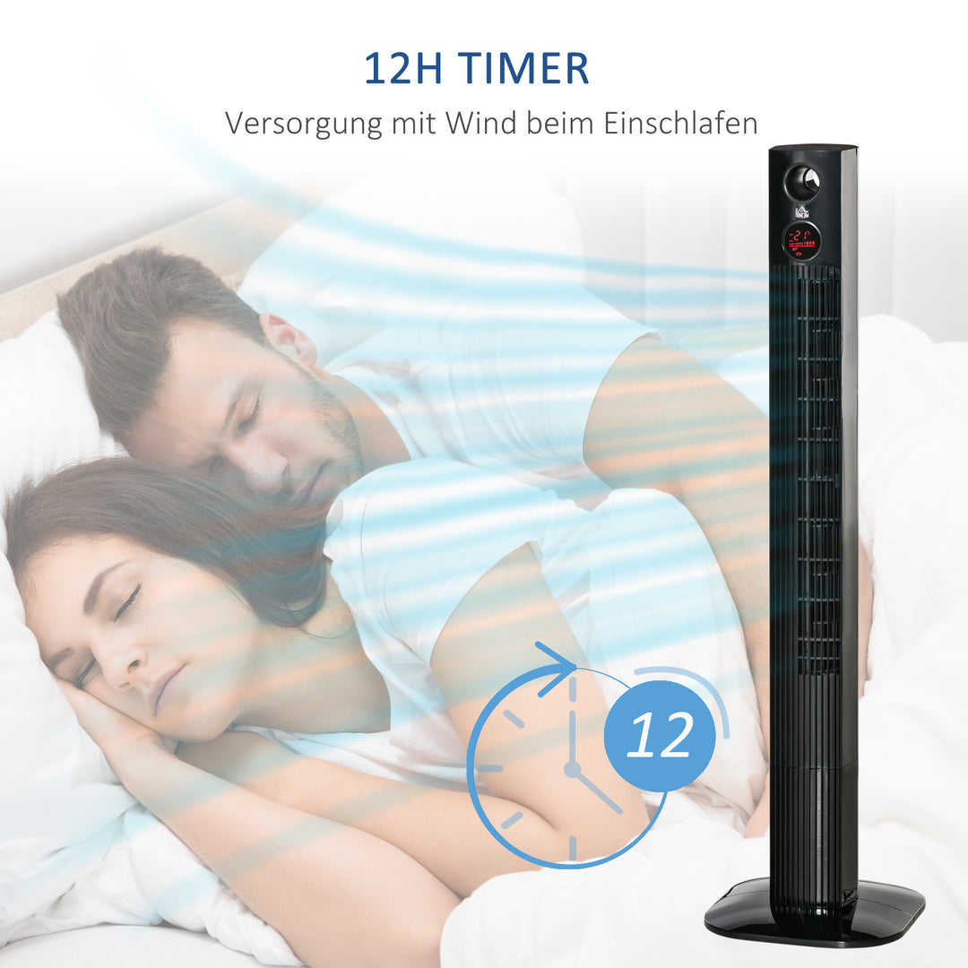 Tårnventilator med fjernbetjening, 45W, 70° oscillation, søjleventilator med aromadiffusor, timerfunktion, 3 ventilatorhastigheder, sort
