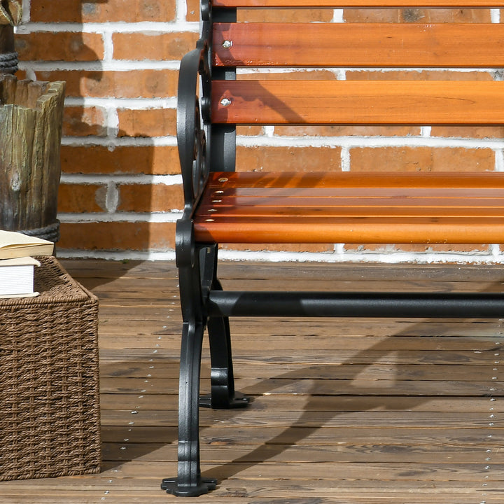 2-personers bænk med dekorative armlæn, til have og terrasse, støbt aluminium + naturtræ, 120 x 64 x 79 cm, teaktræ