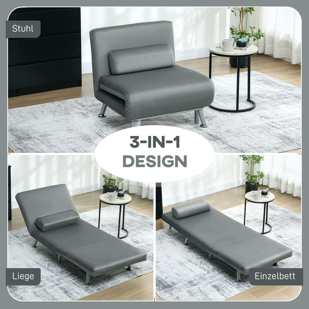 Klapstol med sengefunktion, foldbar afslapningsstol i fløjlslook, justerbar ryglæn, 75 x 70 x 75 cm, grå