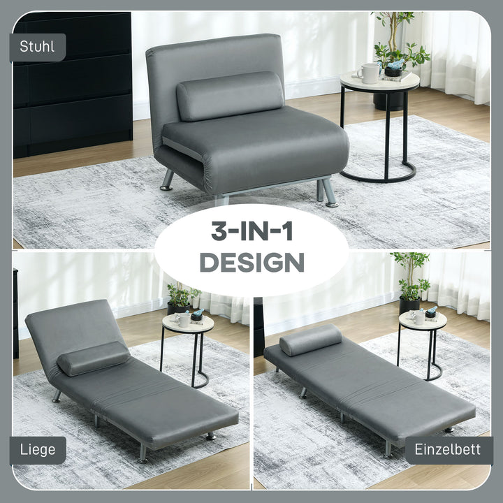 Klapstol med sengefunktion, foldbar afslapningsstol i fløjlslook, justerbar ryglæn, 75 x 70 x 75 cm, grå