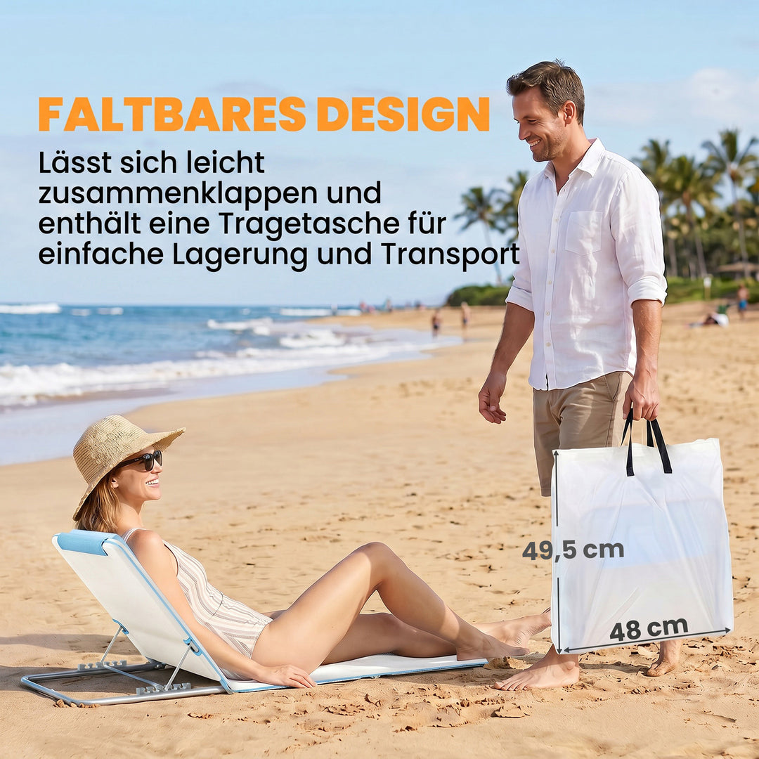 Strandstol, solseng, havestol, foldbar, justerbar ryglæn, sidelomme, 48 cm x 134 cm x 33-43 cm, beige