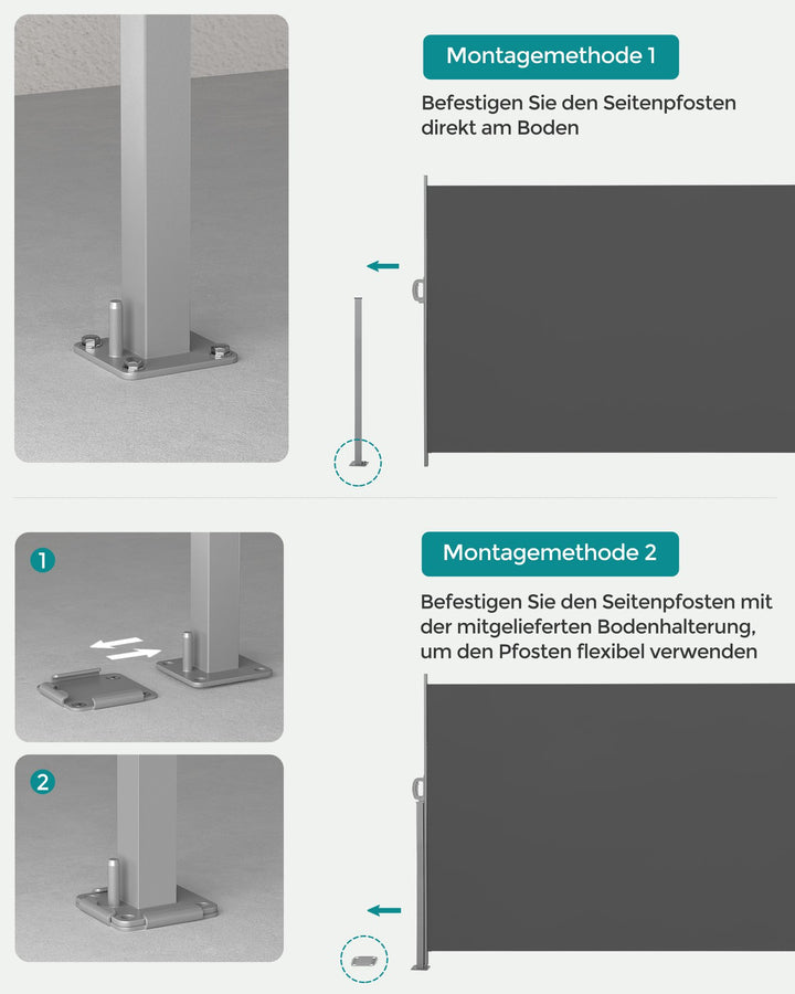 Side markise til balkon og terrasse, måler 160 x 350 cm (H x L), i farven smoky grå