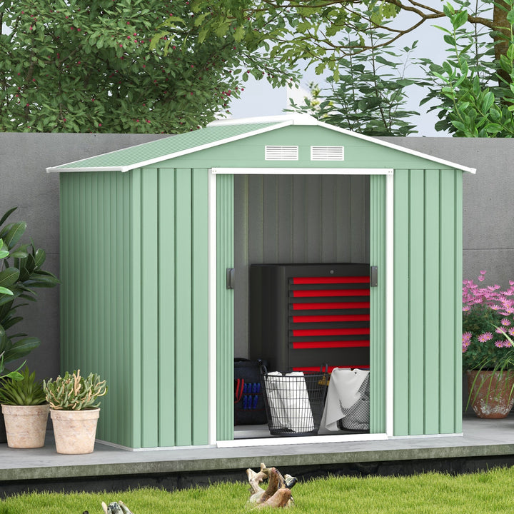 Haveskur, 2 skydedøre, ventilationsvindue, bundramme, rustfrit stål, lysegrøn, 2,13 x 1,30 x 1,85 m