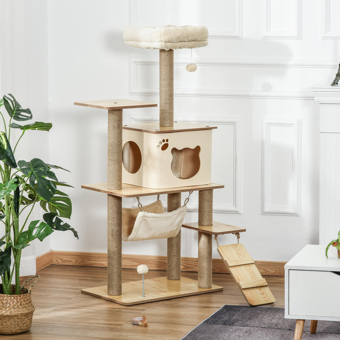 Trækradsetræ med kattehule, jutestolper, stor platform, legebolde, 130 cm høj, stabil, plys, gul, 60 x 40 x 130 cm