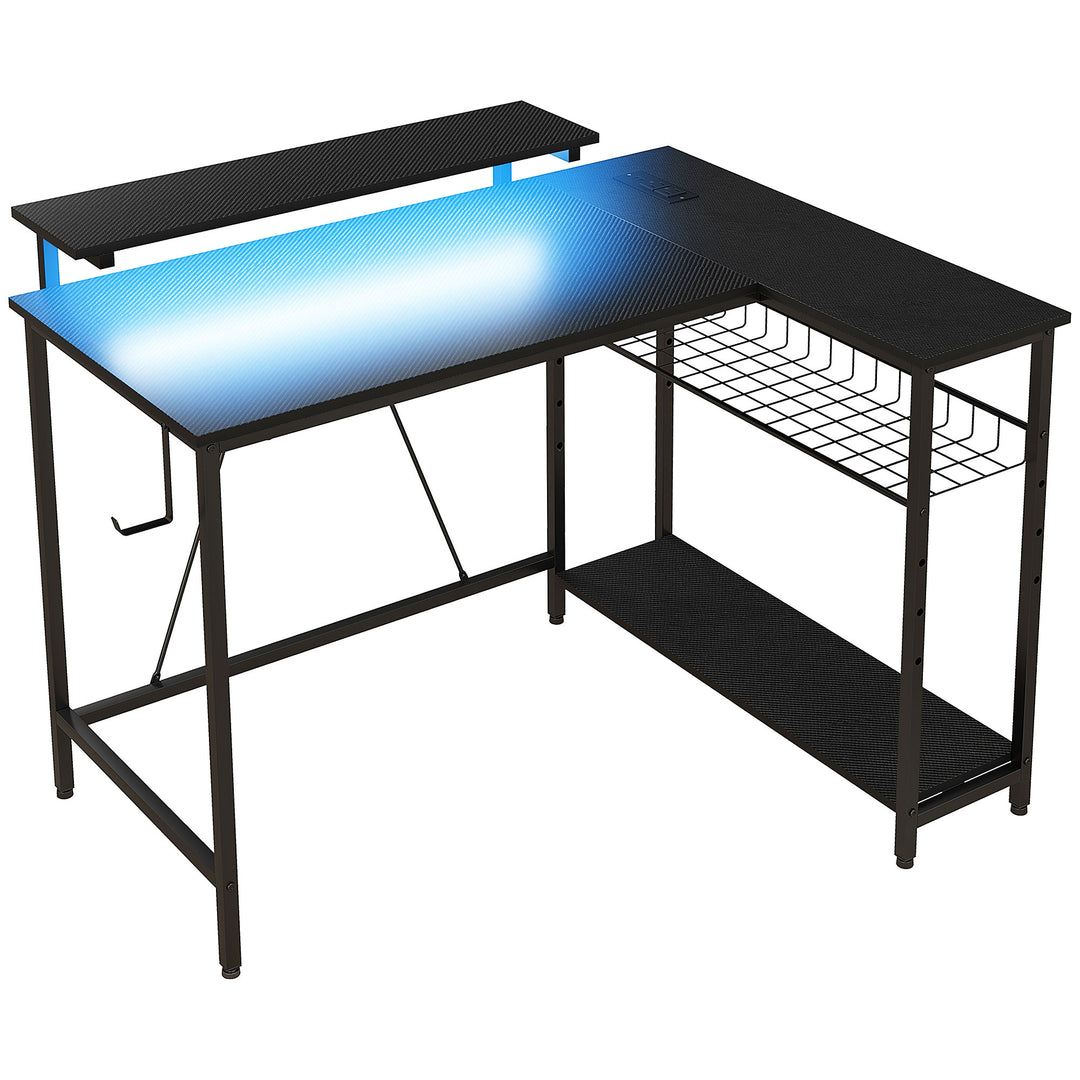 L-formet skrivebord med LED-belysning, stikkontakter, USB-porte, vendbart computerbord med hylde, 107 x 80 x 90 cm, sort