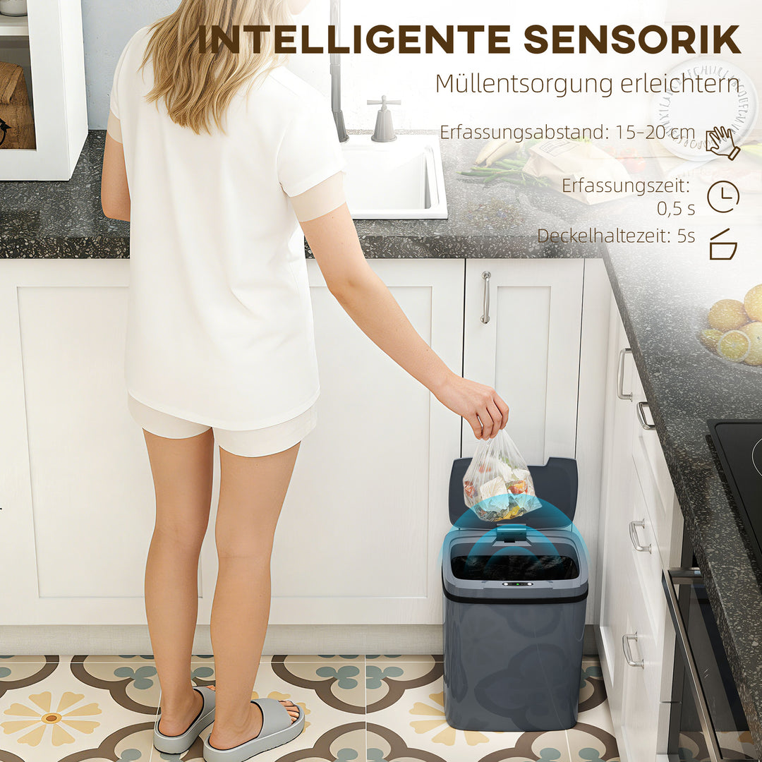 Sensoraktiveret 15L automatisk skraldespand med to åbningsmuligheder, til kontor, køkken, 27,6 x 21,4 x 33,5 cm, grå