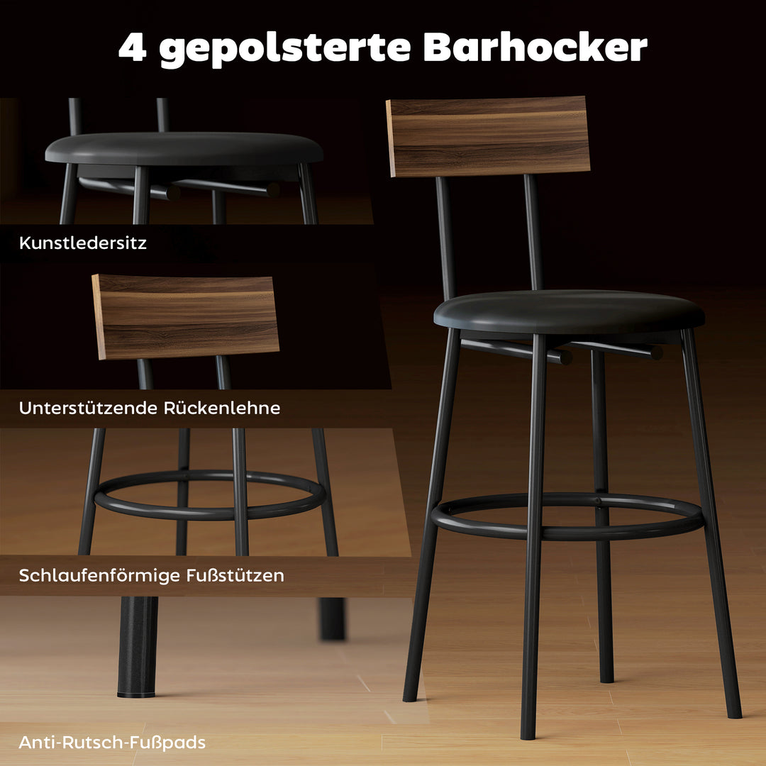 5-delt barbordssæt med 4 stole, industrielt design, til køkken, spisestue, træ, stål, brun