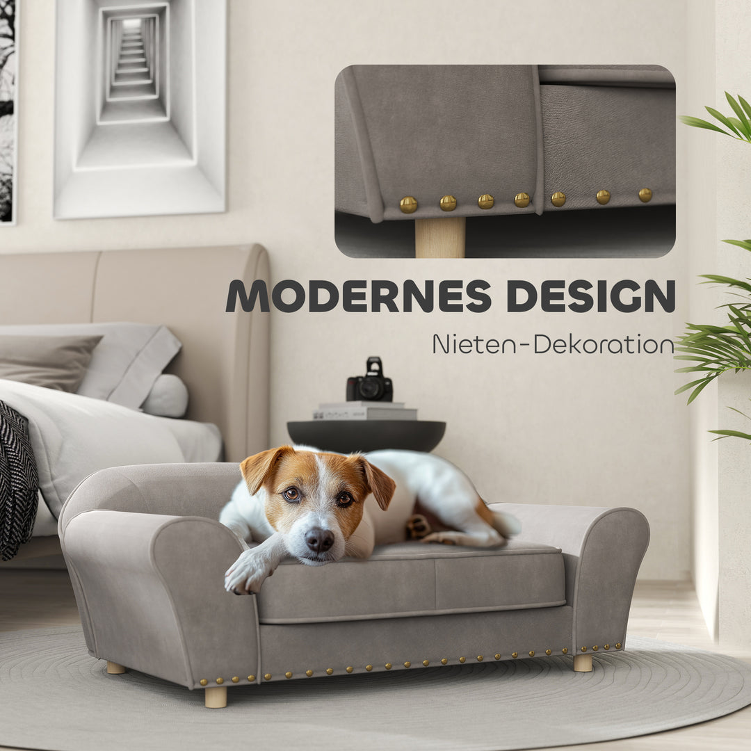 Hundesofa, hundeseng med nitter, tyk hynde, aftageligt betræk, skridsikre fodder, 86,5 x 52,5 x 33 cm, grå