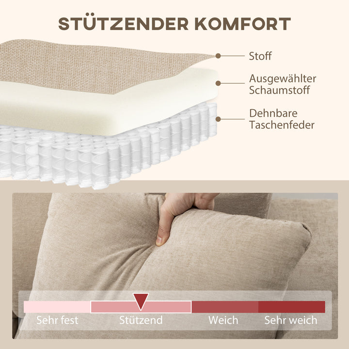 L-formet hjørnesofa med fleksibel chaiselong, 3-personers sofa med 2 hynder, metalstel, til stue, beige