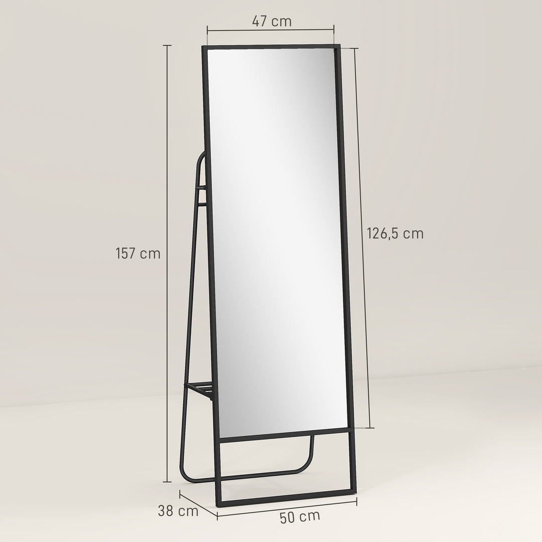 Helfigursspejl, industridesign, baghylde, 2 knager, metalramme, til soveværelse, 157 x 50 cm, sort