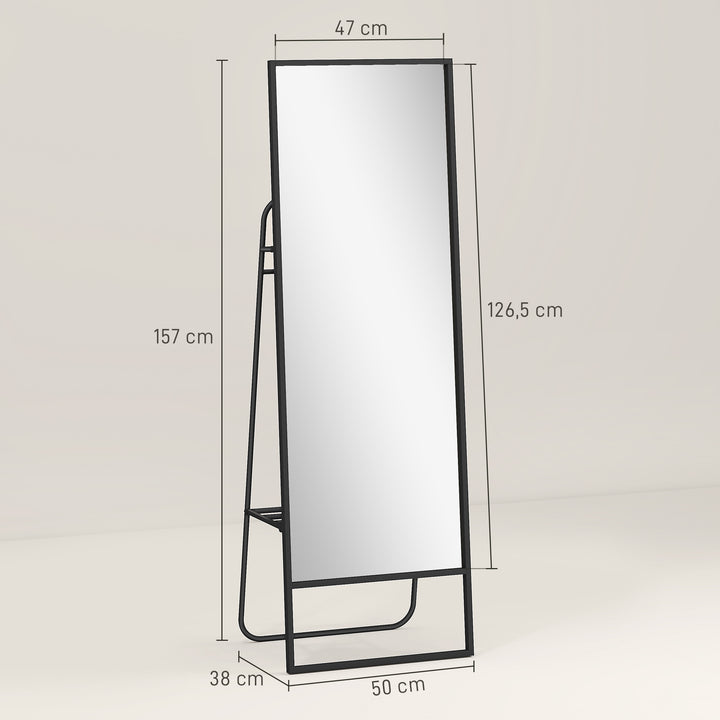 Helfigursspejl, industridesign, baghylde, 2 knager, metalramme, til soveværelse, 157 x 50 cm, sort