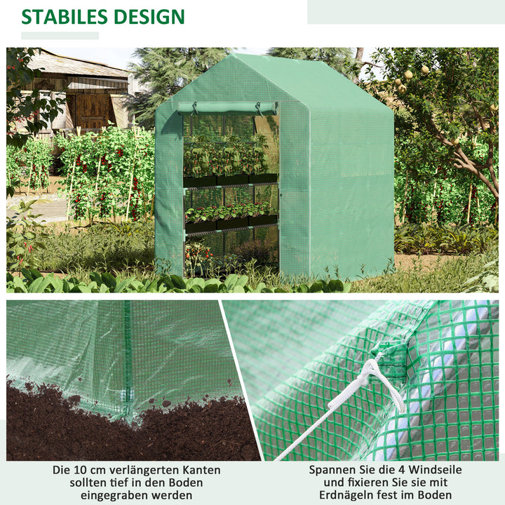 Plastikdrivhus, walk-in drivhus med 8 hylder, tomatdrivhus, drivhus, kold ramme med dør, grøn stål, pe-plast 214 x 143 x 195 cm
