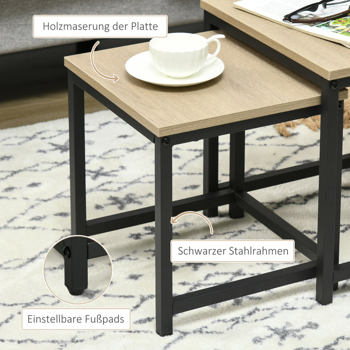 Indskudsbord sæt med 3 sideborde, industridesign, sort stålstel, bordplade i trælook