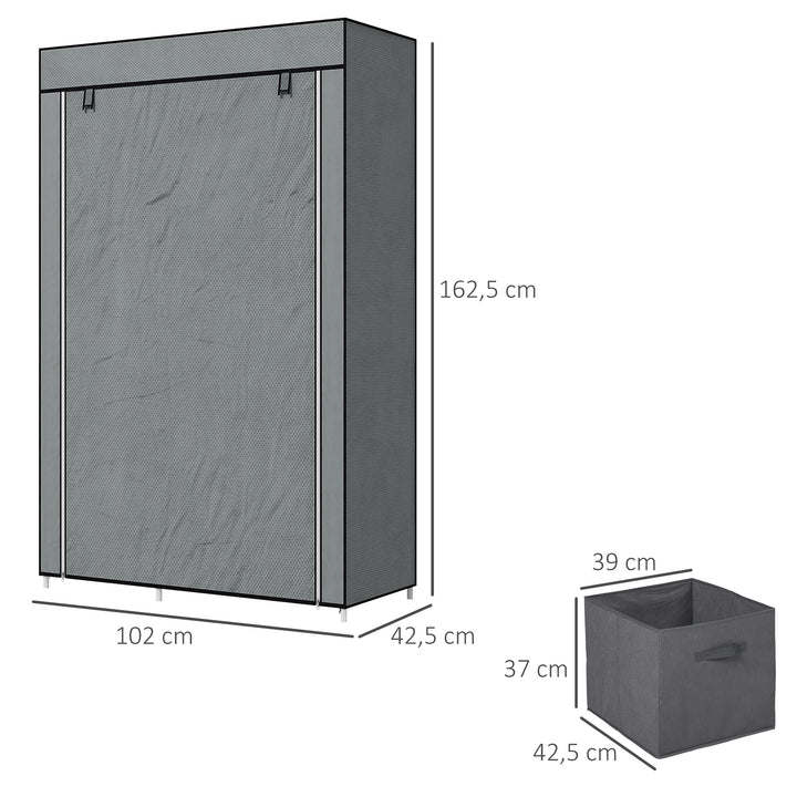 Stofgarderobe foldbart skab, 1 bøjlestang, 6 hylder, 102 x 42,5 x 162,5 cm, grå