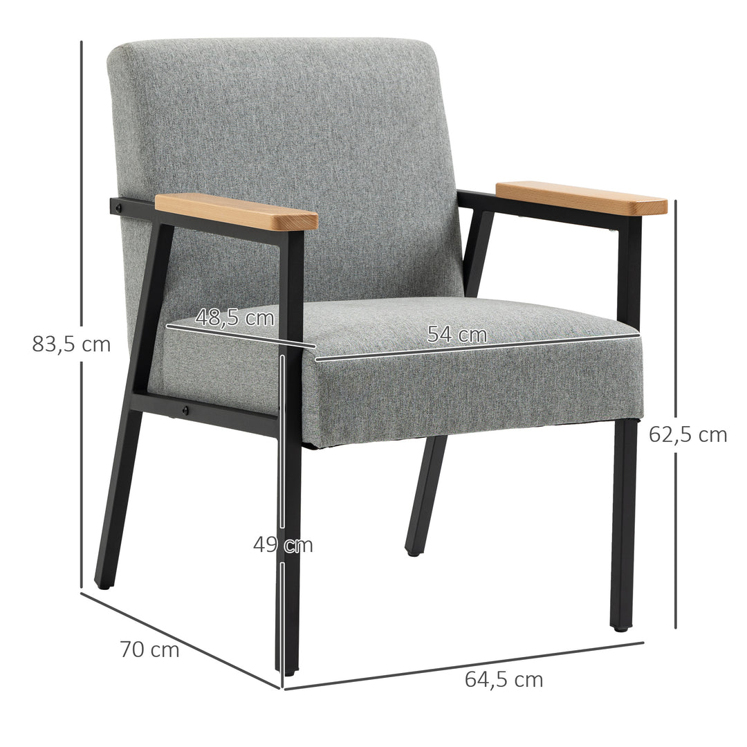 Accentstol i skandinavisk design, lænestol, accentstol, linnedlook, gummitræ, grå + sort + brun