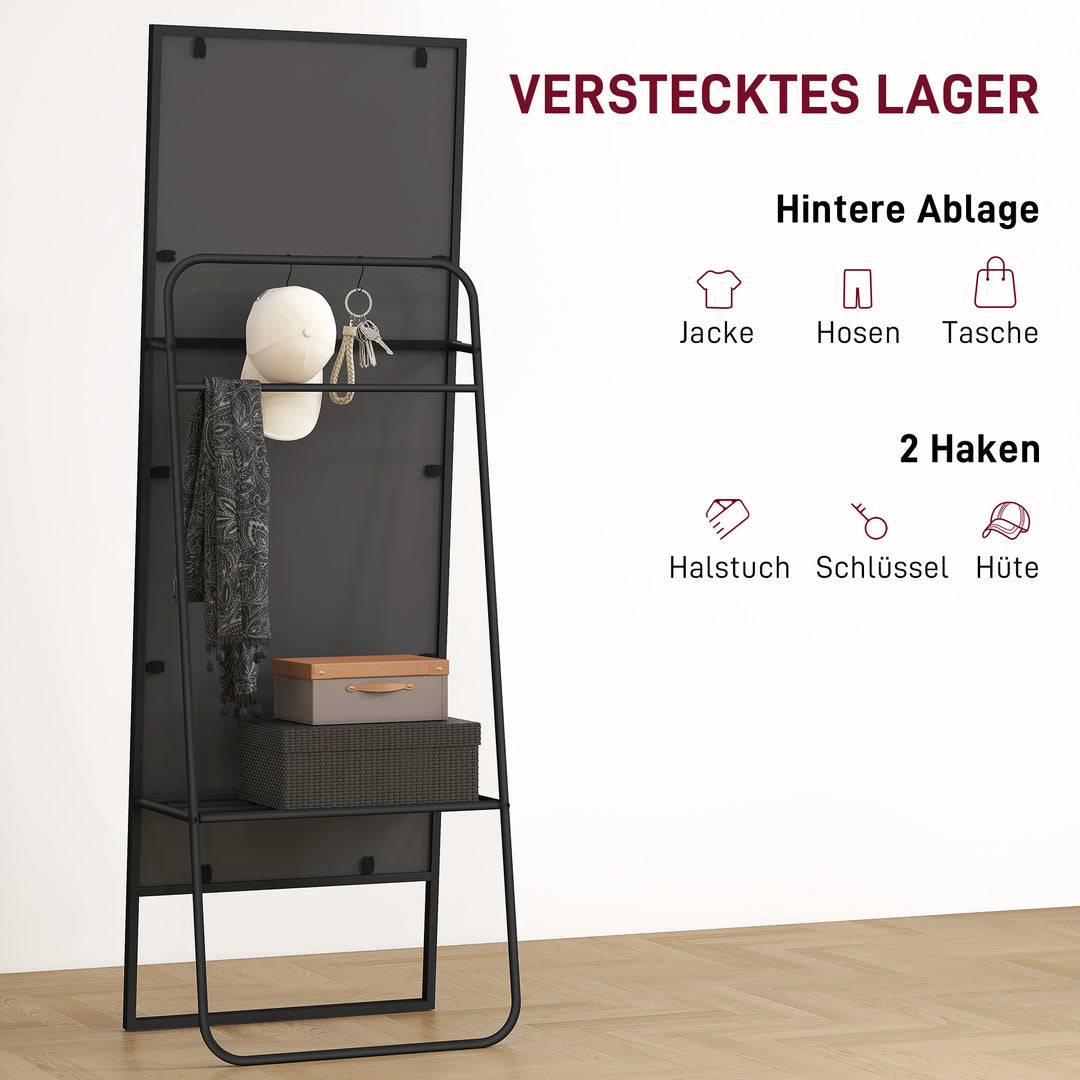 Helfigursspejl, industridesign, baghylde, 2 knager, metalramme, til soveværelse, 157 x 50 cm, sort