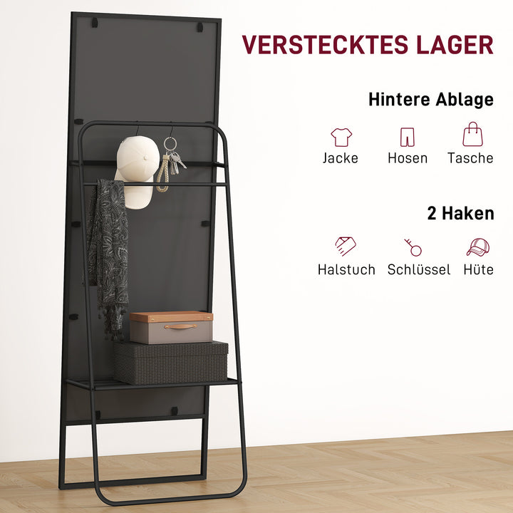 Helfigursspejl, industridesign, baghylde, 2 knager, metalramme, til soveværelse, 157 x 50 cm, sort
