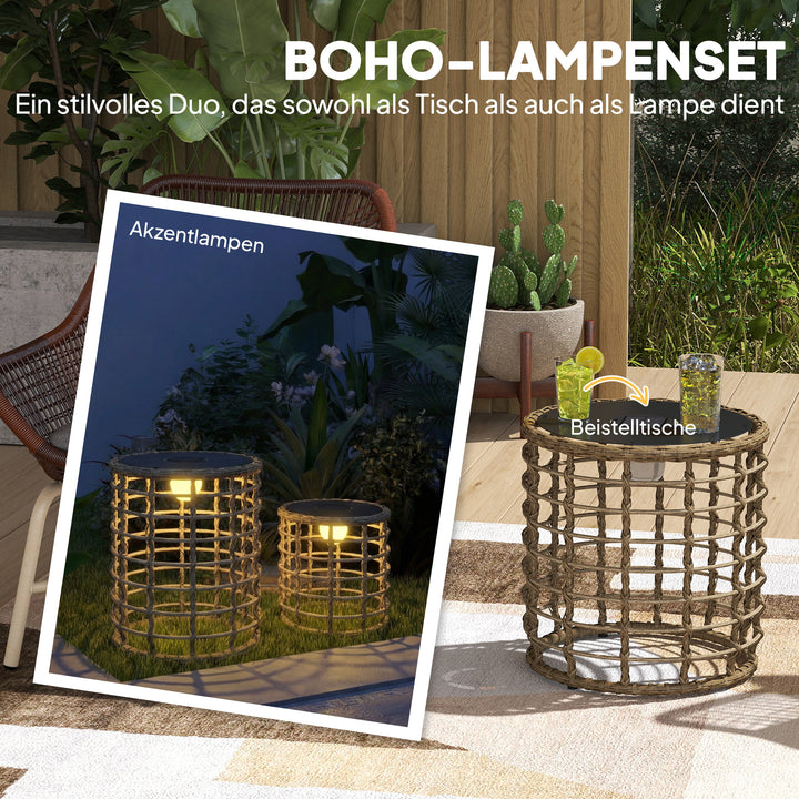 Solcellegulvlampe, sæt med 2, rotting solcellelamper med lyssensor, LED solcellelampe i boho-stil, IP44
