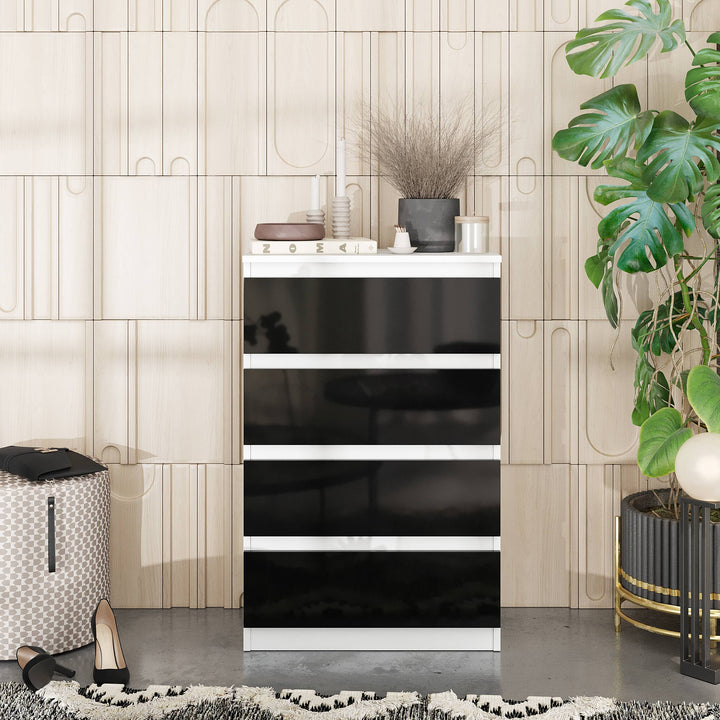 GABRIEL – kommode med 4 skuffer – mat hvid / sort højglans – H92 cm B60 cm D33 cm