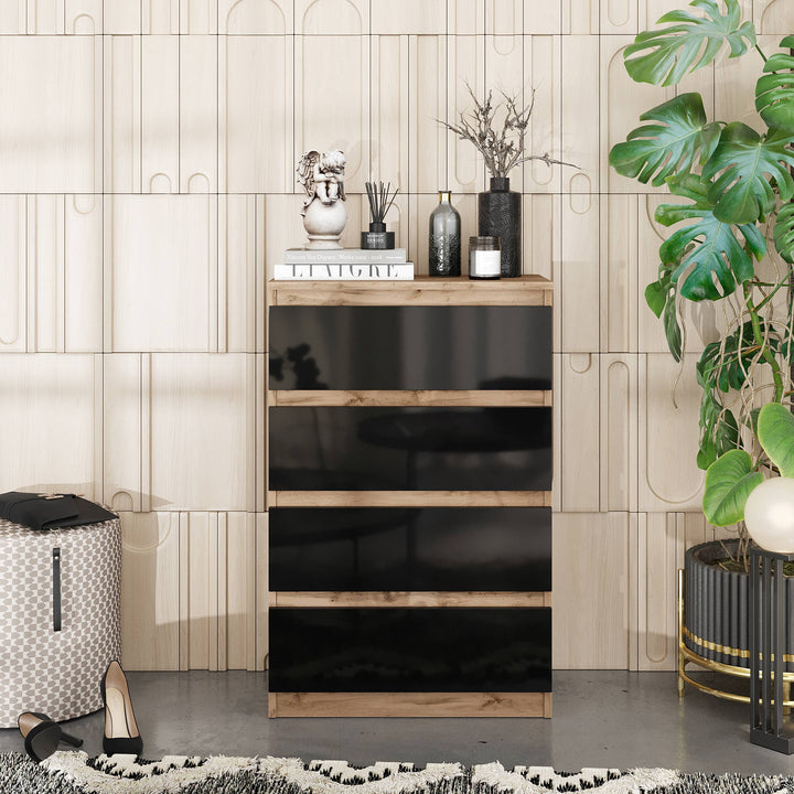 GABRIEL Kommode med 4 skuffer – Wotan eg / Sort Højglans – B60 × H92 × D33 cm