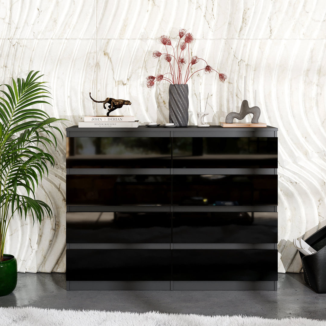 GABRIEL – kommode / sideboard med 8 skuffer – antracit / sort højglans – H92 cm B120 cm D33 cm