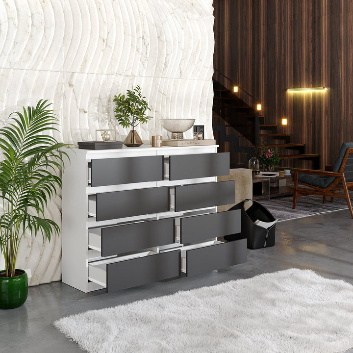 GABRIEL – kommode / sideboard med 8 skuffer – mat hvid / antracit – H92 cm B120 cm D33 cm