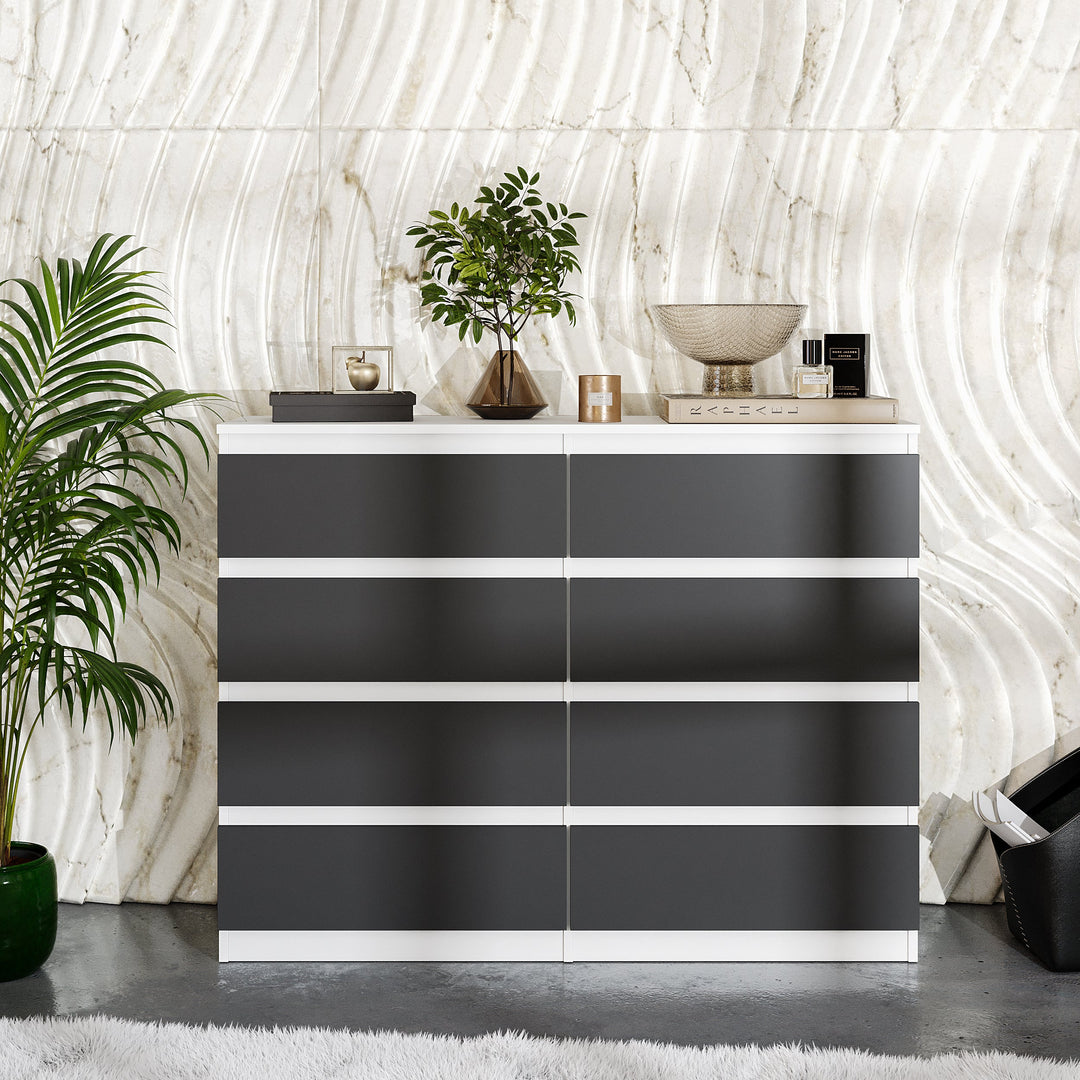 GABRIEL – kommode / sideboard med 8 skuffer – mat hvid / antracit – H92 cm B120 cm D33 cm