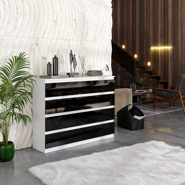 GABRIEL – kommode / sideboard med 8 skuffer – mat hvid / sort højglans – H92 cm B120 cm D33 cm