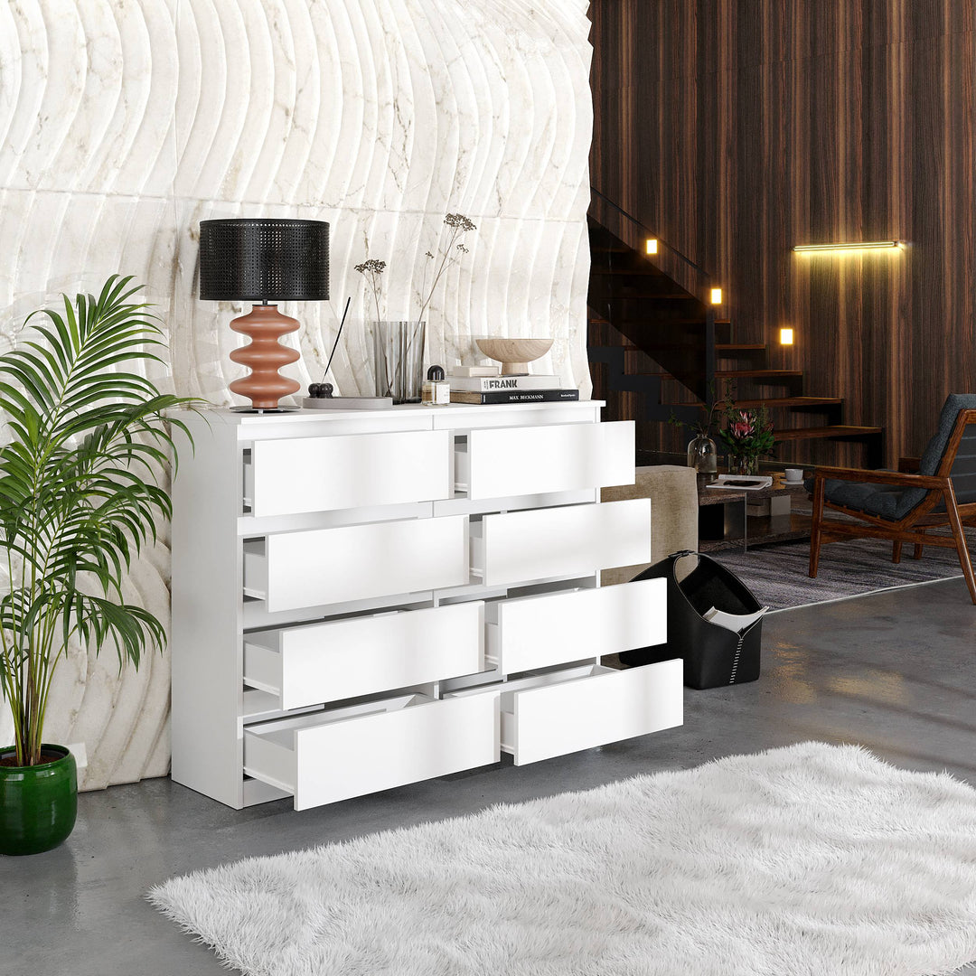 GABRIEL – kommode / sideboard med 8 skuffer – mat hvid – H92 cm B120 cm D33 cm