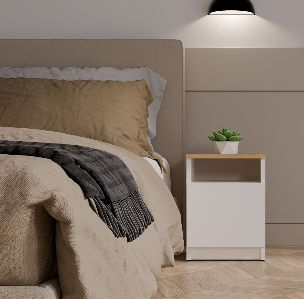 Moderne natbord / sengebord, med låge, hvid og naturfarvet