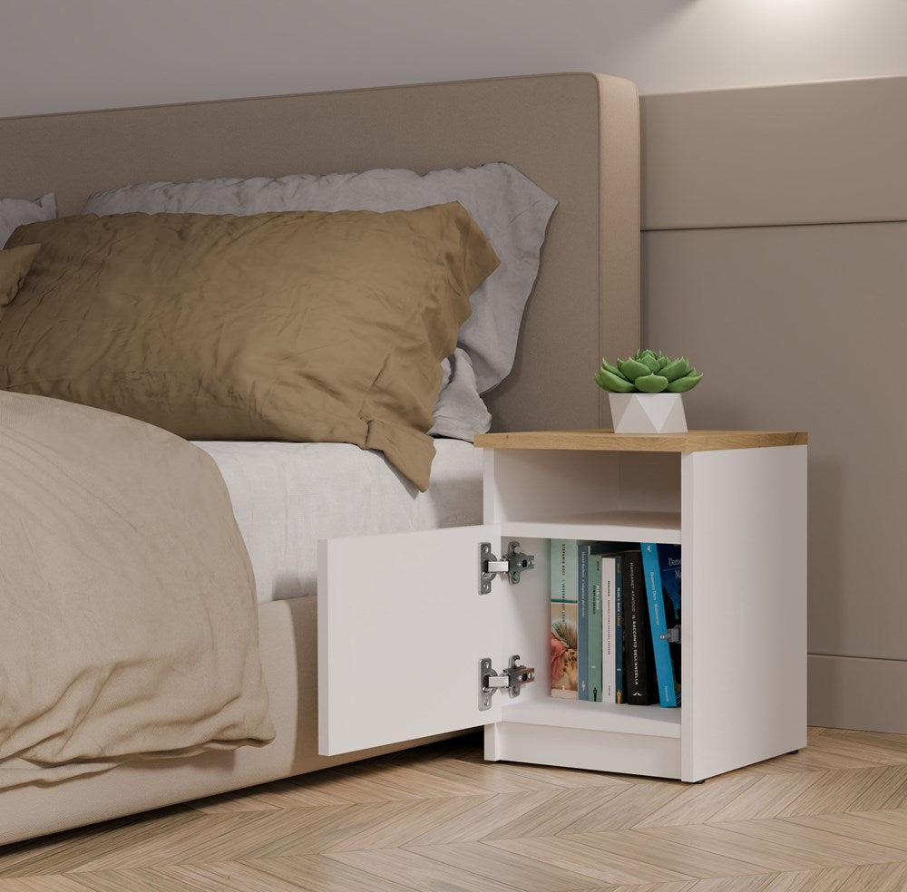 Moderne natbord / sengebord, med låge, hvid og naturfarvet