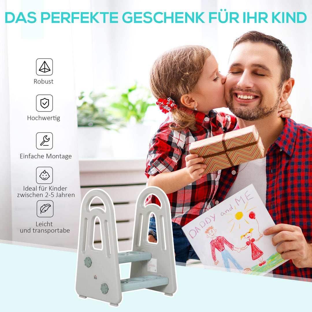 Learning tower trappeskammel stående med 2 trin pyramidestruktur sikkerhed badeværelse soveværelse køkken blå+grå til 2-5 år hdpe pp 43,5 x 38,5 x 61 cm