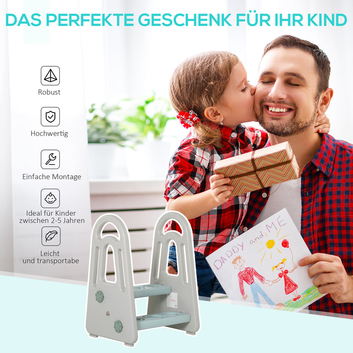 Learning tower trappeskammel stående med 2 trin pyramidestruktur sikkerhed badeværelse soveværelse køkken blå+grå til 2-5 år hdpe pp 43,5 x 38,5 x 61 cm