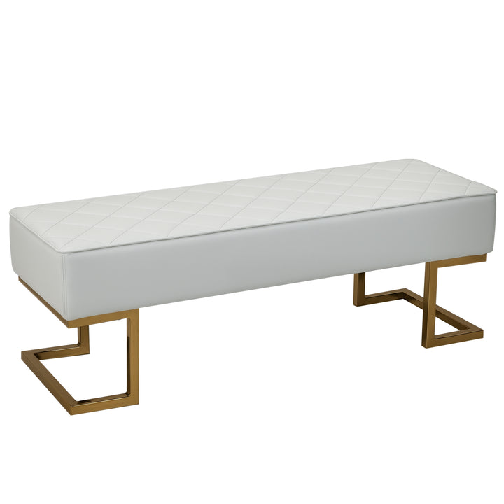 Bænk til soveværelse, kommode, sengebænk, stue, kunstlæder, metal, hvid+guld, 120 x 43 x 42 cm