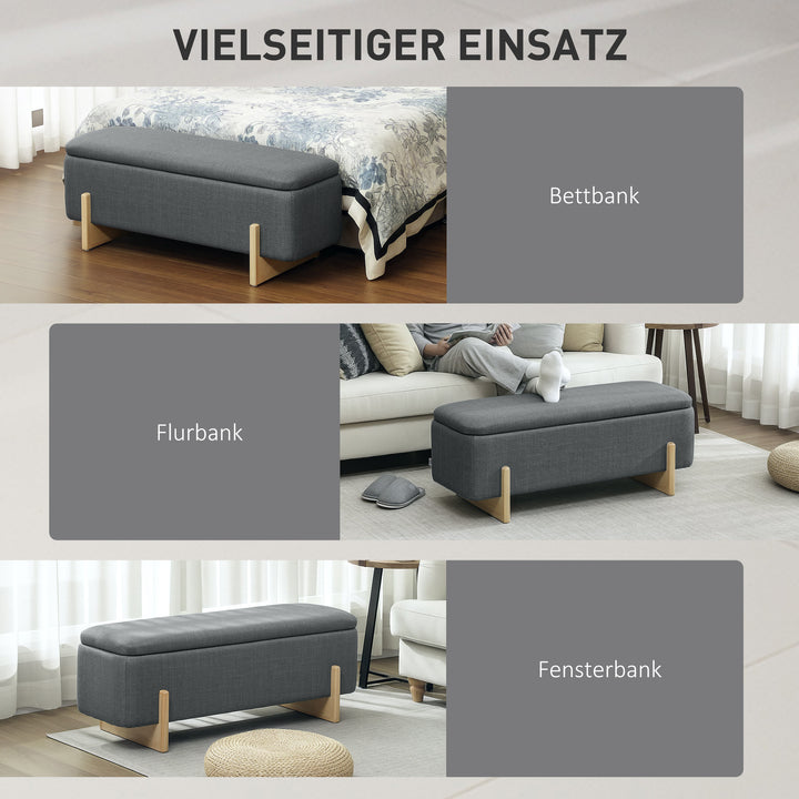 Opbevaringsskammel, skumpolstret sæde, linnedlook, 111 x 44 x 44,5 cm, mørkegrå