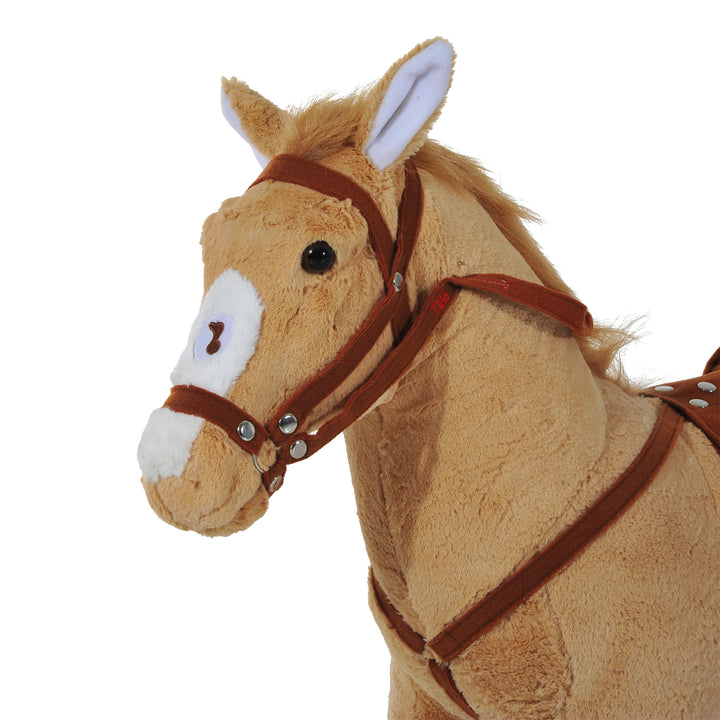 Ridehest på hjul 60 cm stående hest med sadel, trense, stigbøjler, lyd, legetøjshest til ridning, siddende på, gyngedyr til børn fra 2 år, gyngehest plyshest indendørs udendørs beige