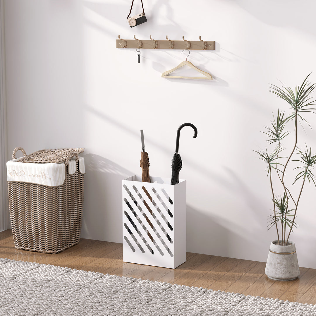 Paraplystativ med drypbakke, 4 kroge, stål, 28l x 14b x 41h cm, hvid
