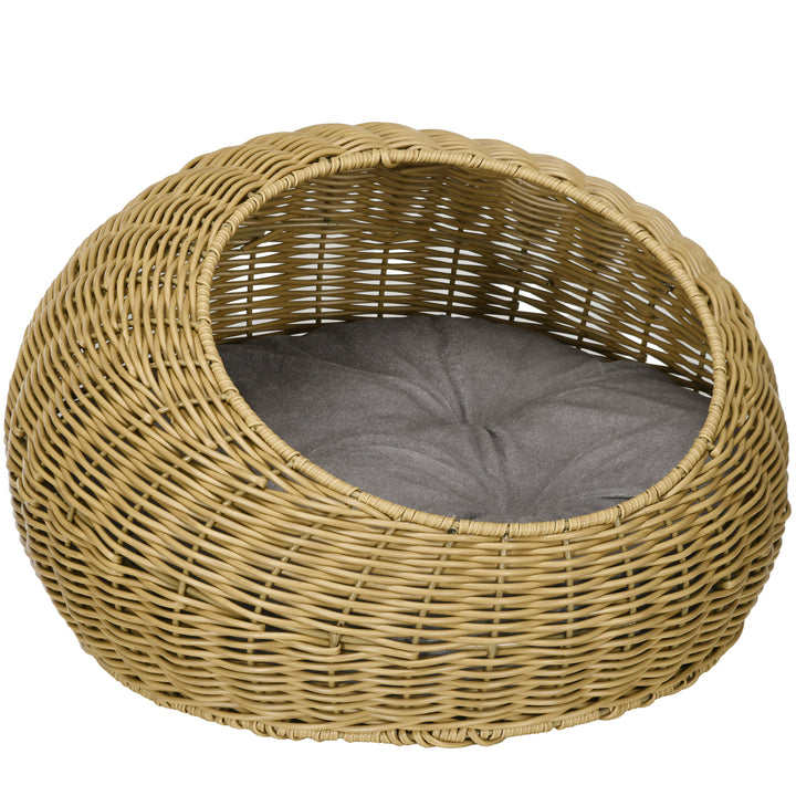 Kattehule med vaskbar hynde, til dyr op til 4 kg, indendørs brug, kunstrotting, Ø50 x 31 cm, lysebrun