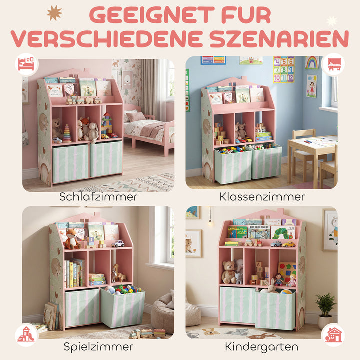 Børnebogreol med 2 stofskuffer, åben hylde til alderen 3-8, 62,5x30x91,5 cm, lyserød
