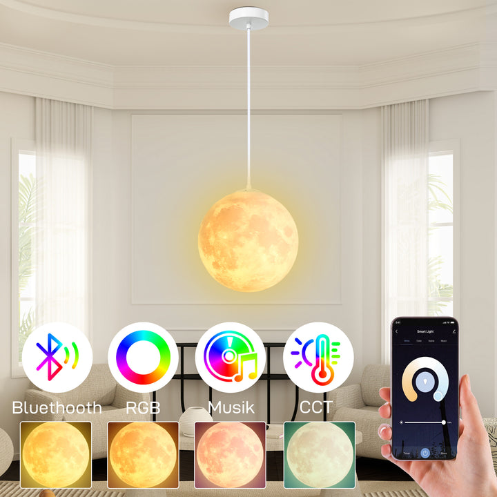Månelampe, 3d-print, app-styring, musikkompatibel, forskellige lystilstande, hvid