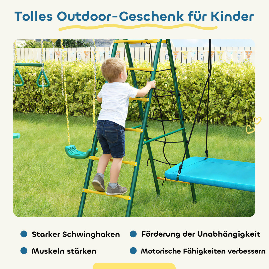 5-i-1 gyngesæt med justerbar redegynge, gymnastikringe, dobbeltsæde klatrestativ til 3-8 år, 440x175x203 cm