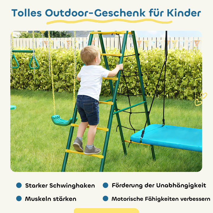 5-i-1 gyngesæt med justerbar redegynge, gymnastikringe, dobbeltsæde klatrestativ til 3-8 år, 440x175x203 cm