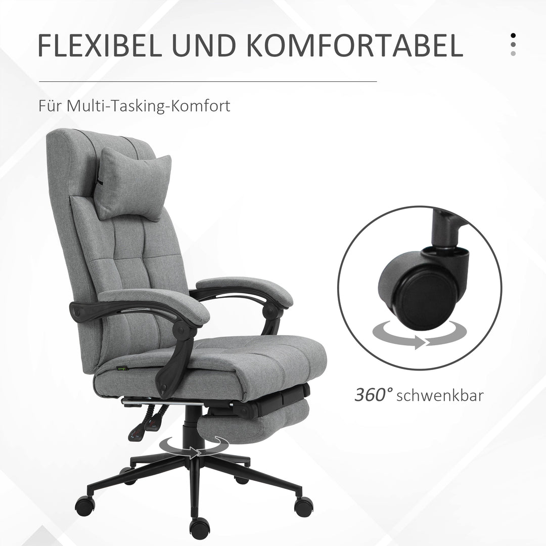 Kontorstol med nakkestøtte, armlæn, kontorstol med vippevinkel, højdejusterbar drejestol med fodstøtte, hør, skum, pvc, lysegrå, 66 x 76 x 112-120 cm