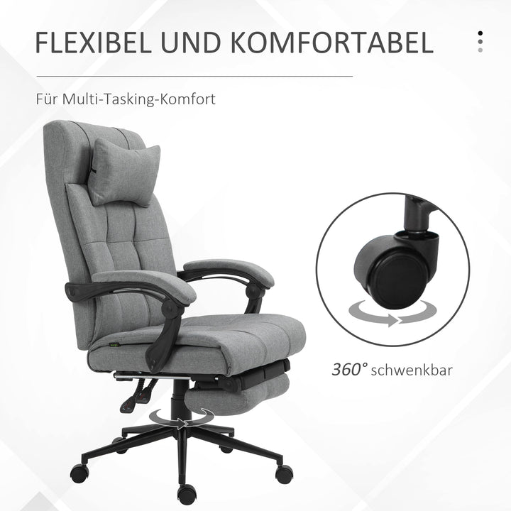Kontorstol med nakkestøtte, armlæn, kontorstol med vippevinkel, højdejusterbar drejestol med fodstøtte, hør, skum, pvc, lysegrå, 66 x 76 x 112-120 cm