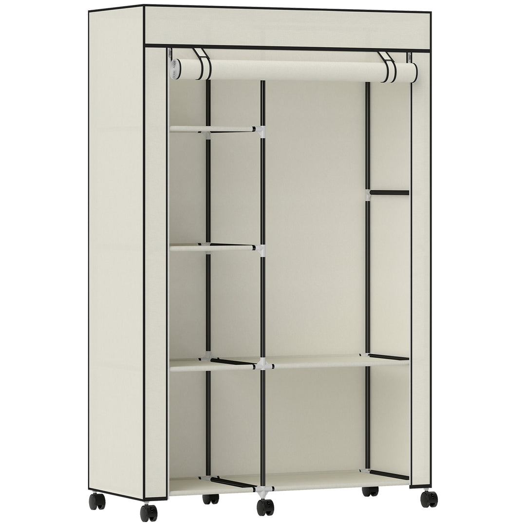 Stofgarderobe, opbevaringsløsning, 6 hylder, 1 garderobestang, cremefarvet